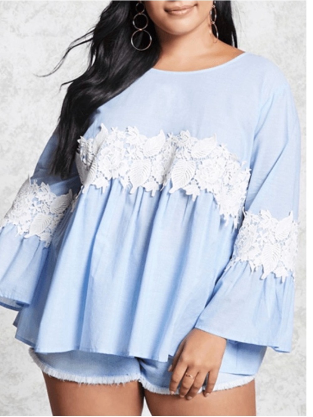 Forever 21 Light Blue Lace-Trim Bell Sleeve Tunic